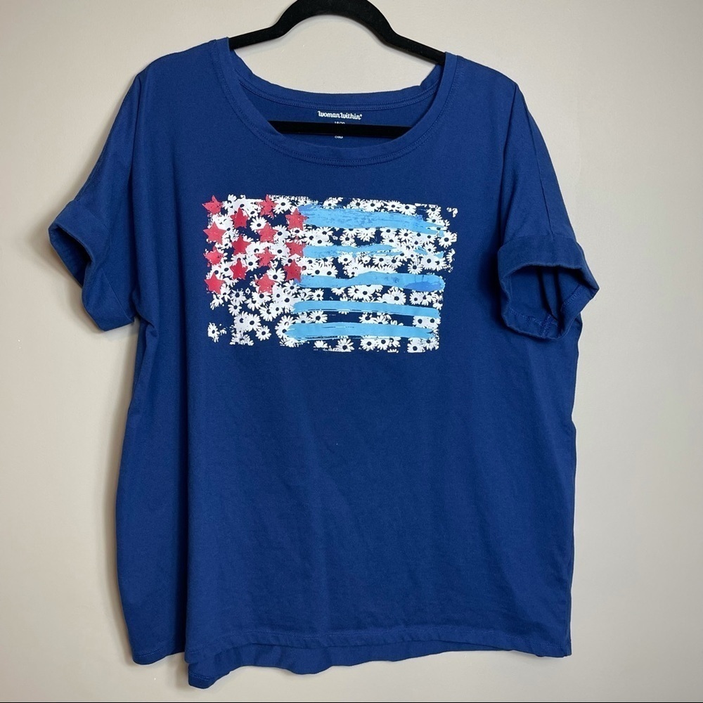 Woman Within Short Sleeve Knit Tshirt Size Large 18/20 Blue Top Floral Patriotic